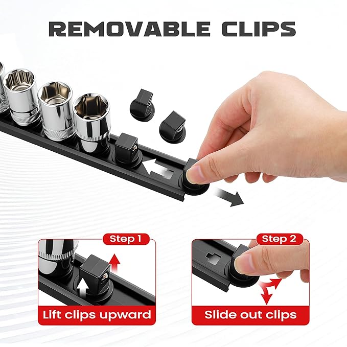 ALOANES 1/4-Inch Drive Magnetic Socket Organizer, Heavy Duty Aluminum Socket Rail Organizer, 360째 Swivel Clips Socket Rail Set For Sockets Storage, 1/4-Inch Socket Holder x 14 Clips (Black)