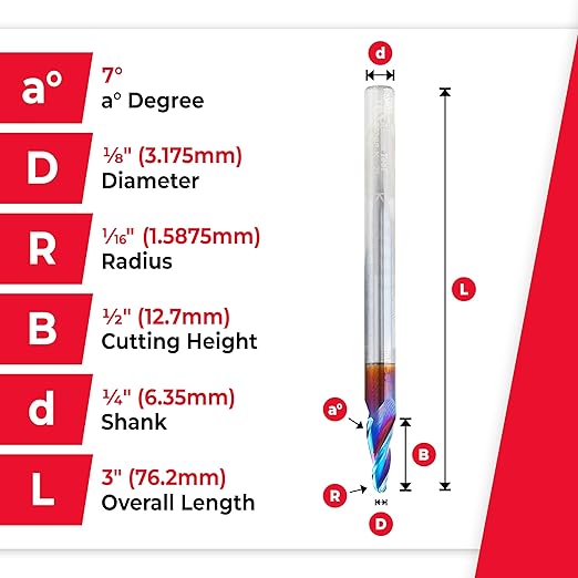 Amana Tool 46288-K CNC Spektra Extreme Tool Life Coated SC 2D and 3D Carving 7 Deg Tapered Angle Ball Nose x 1/8 D x 1/16 R x 1/2 CH x 1/4 SHK x 3 Inch Long x 3 Flute Router Bit