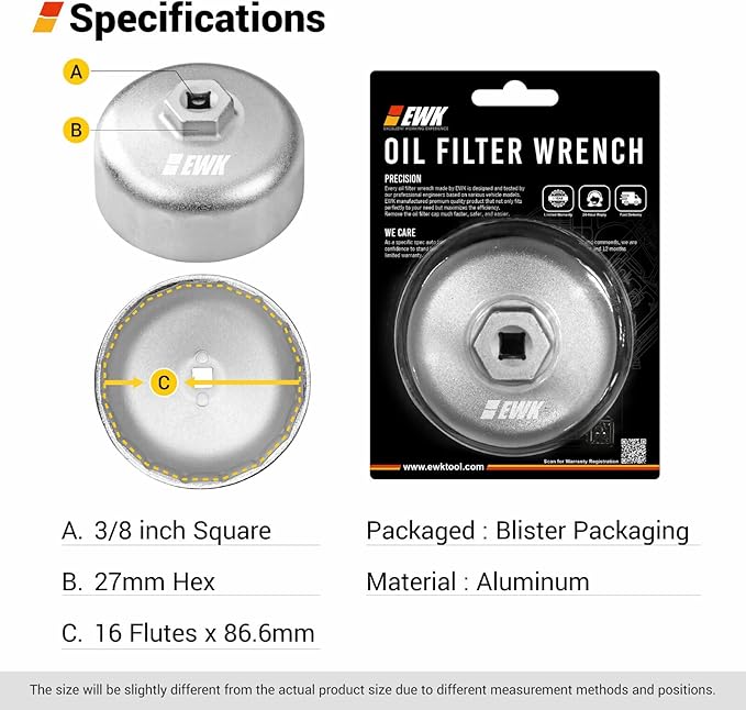 EWK 86mm 16-Flute Oil Filter Wrench, Heavy-Duty Cup Tool for BMW Cartridge Caps, Remove & Install Filter Housing Safely with 3/8" Drive, Fits 2006+ Models