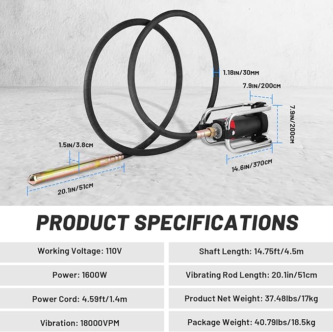 YJINGRUI Power Concrete Vibrators 1600W 16,000 RPM, Portable Electric Construction Vibrator with 4.5m (14-3/4ft) Flexible Shaft for Commercial Grade Bubble Removal
