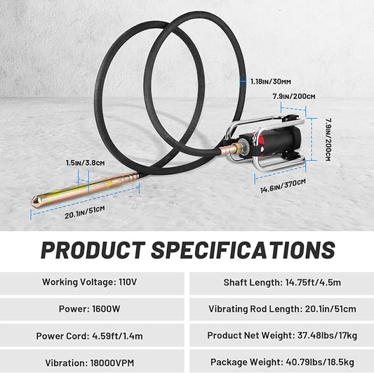 YJINGRUI Power Concrete Vibrators 1600W 16,000 RPM, Portable Electric Construction Vibrator with 4.5m (14-3/4ft) Flexible Shaft for Commercial Grade Bubble Removal