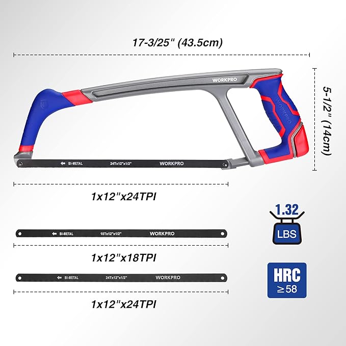 WORKPRO 12-inch Hacksaw with Extra 2 Bi-Metal Saw Blades, Heavy Duty Adjustable 45/90 Angle Saw for Metal, Wood, PVC Pipes
