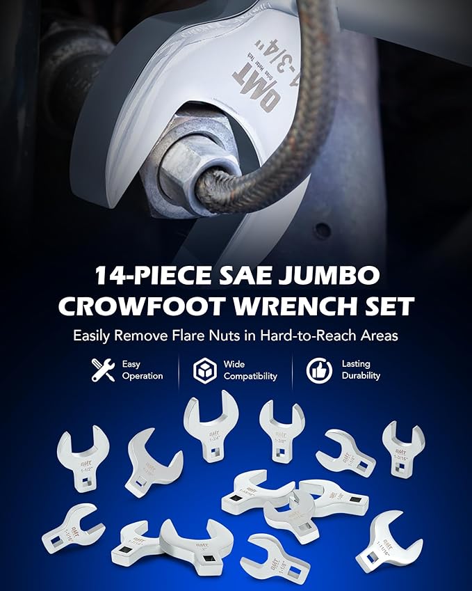 Orion Motor Tech 14 Piece Jumbo Crowfoot Wrench Set, SAE Crows Foot Wrench Set for 1-1/16" to 2" Flare Nuts for 1/2" Drive Rachets Extenders, Cr-V Steel Crowfoot Wrenches with Phosphating & Carry Case