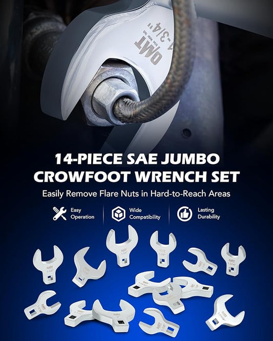 Orion Motor Tech 14 Piece Jumbo Crowfoot Wrench Set, SAE Crows Foot Wrench Set for 1-1/16" to 2" Flare Nuts for 1/2" Drive Rachets Extenders, Cr-V Steel Crowfoot Wrenches with Phosphating & Carry Case