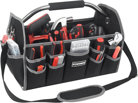16 Inch Tool Bag, Electrician Tool Bag, Open Top Tool Bags, 26 Pockets Can Hold Many Tools, Steel Handle and Removable Shoulder Strap