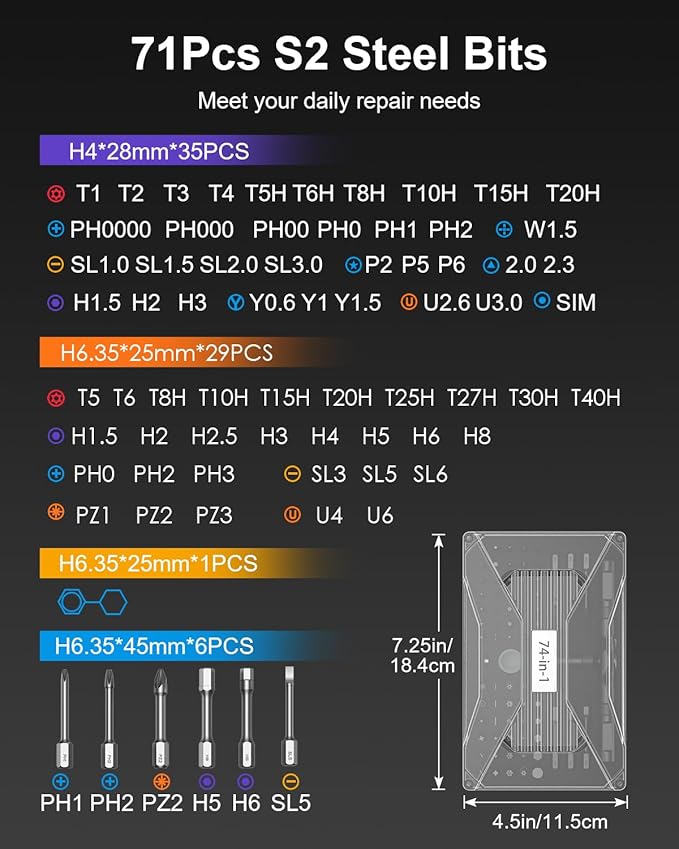 Ratchet Screwdriver Set, 74 in 1 Magnetic Screwdriver Set with Detachable T Handle, Precision Repair Tool Kit for Furniture Assembly, Computer, Bicycles, Appliance, Watch, Doorbell, Camera, DIY