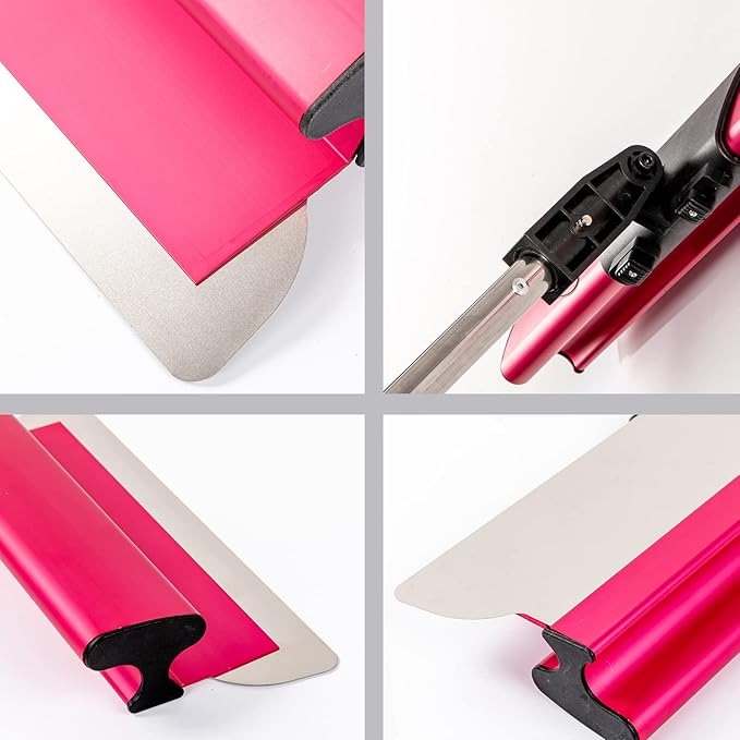 BHTOP Drywall Tools Skimming Blade with Extension Handle - 12", 22" & 32" Blades Extruded Aluminum 301 Stainless Steel Construction Tools End Caps, Wall-Board with 0.5mm&0.35mm Thickness Pink