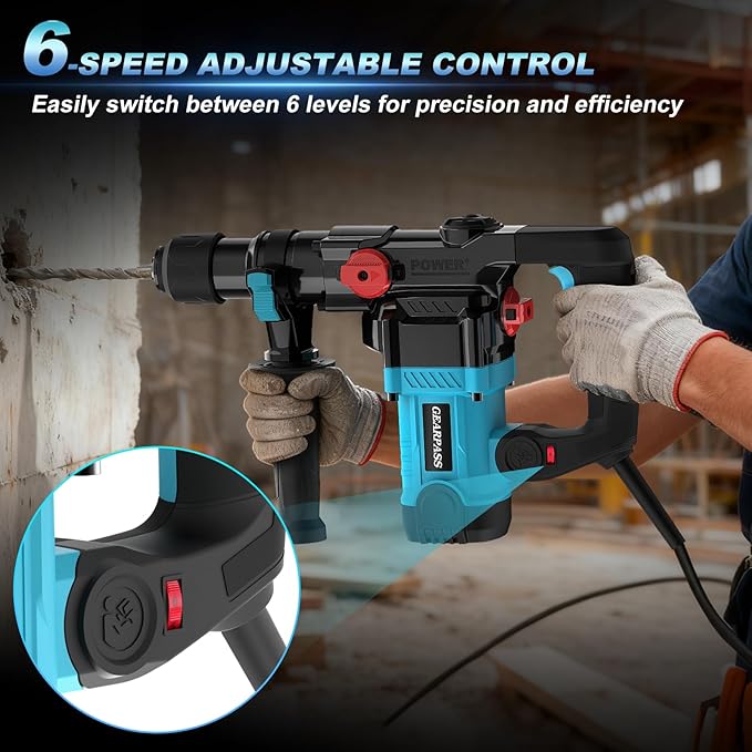 1-1/4" SDS-Plus Rotary Hammer Drill, 12.5 Amp Heavy Duty Rotary Hammer, 3 Functions with Safety Clutch, 6 Speed, Corded Rotomartillo for Concrete, Drill Bits, Flat/Point Chisels Included