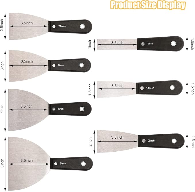 7 PCS Drywall Tools,Putty Knife Scraper Tool,Stainless Steel Paint Scraper Spackle Knife,Drywall Scraper Spackle Taping Knife for Spreading Mud, Taping,Repairing Wall.