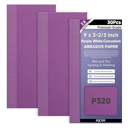 30-Sheet Premium White Corundum 320 Grit Sandpaper, 9 x 3-2/3 Inch Heavy Duty Wet Dry Abrasive Sheets for Wood Metal Automotive Sanding and Smoothing