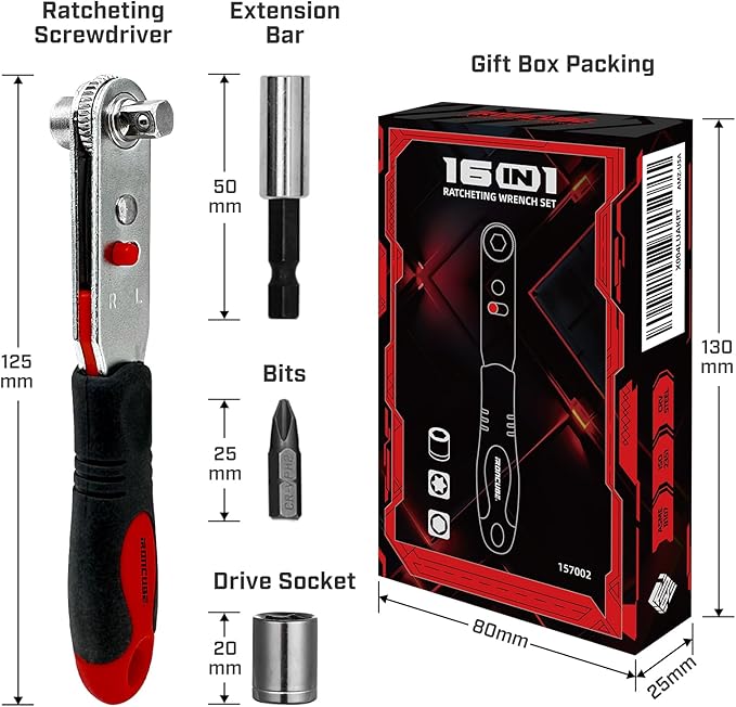 Angle Ratchet Screwdriver Set: 16 Piece Magnetic Bit & Socket with 90 degree Mini Offset Low Profile Reversible Drive Handle - Stocking Stuffers with Gift Box