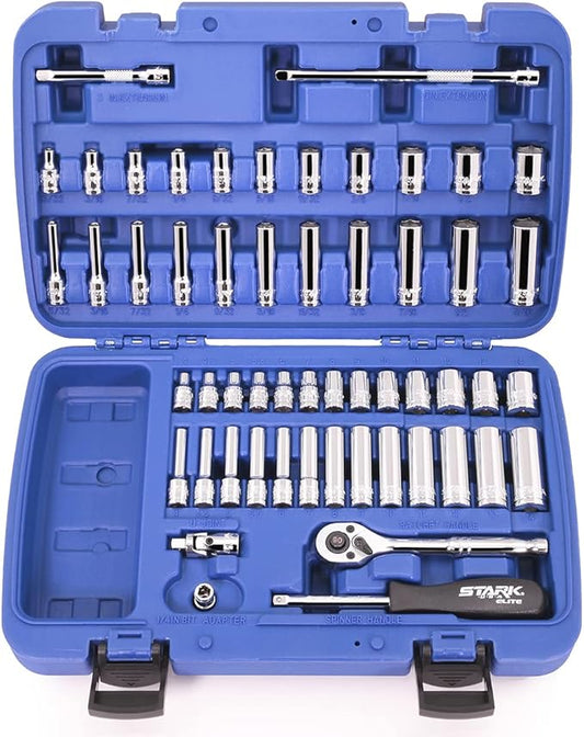 Stark USA 55-Pieces 1/4" Socket Set, Drive Socket Wrench Set, 1/4-inch Quick-Release Ratchets 90-Tooth Pear Head Ratchet SAE (5/32-9/16) MM (4-14)