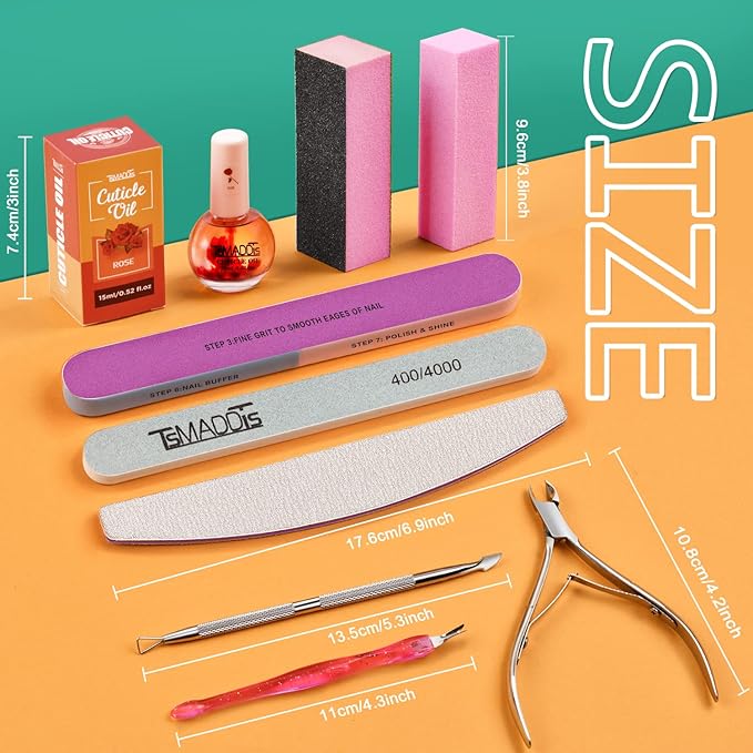 TsMADDTs Manicure Tools Kit Nail Care Kit with 3PCS Files, 2PCS Buffer Blocks, 2PCS Polishing Buffers, Cuticle Nipper, Pusher and Cuticle Oil