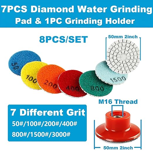 2inch 50mm Diamond Water Grinding Pad, 7 Different Grit 50#-3000# Wet Sanding Discs & M16 Thread Hook & Loop Backing Holder for Detail Fine Buffing Polishing (8Pcs/Set)