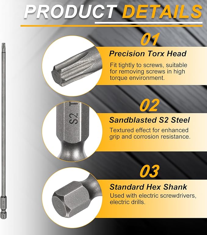 HARFINGTON 2pcs T20 Torx Head Screwdriver Bit 1/4" Hex Shank 7.87" (200mm) Long Magnetic No Hole Tip Tamper Proof 6 Point Star Screw Driver Drill Bits S2 Steel Industrial Power Screwdrivers