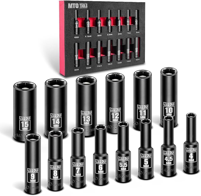 MTO 14-Piece 1/4" Drive Magnetic Deep Impact Socket Set, Metric Size (4mm-15mm) 6 Point Sockets
