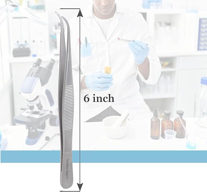 Lab Tweezers High Precision Forceps, 6" (15.2 cm), Fine Strong Curved Point tweezers, Stainless Steel