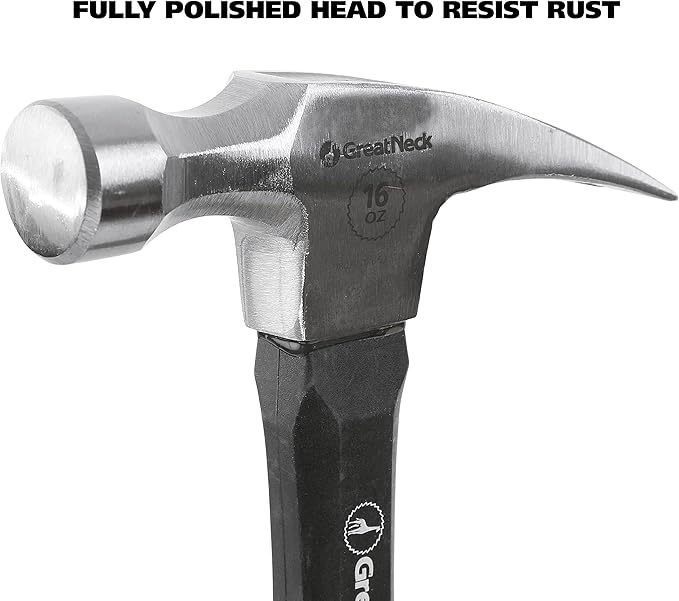 GreatNeck HG16S 16 Oz. Fiberglass Straight Claw Hammer, Carpenter & Contractor Tool for Framing, Building, & Ripping Nails, Durable Drop Forged Steel Hammer