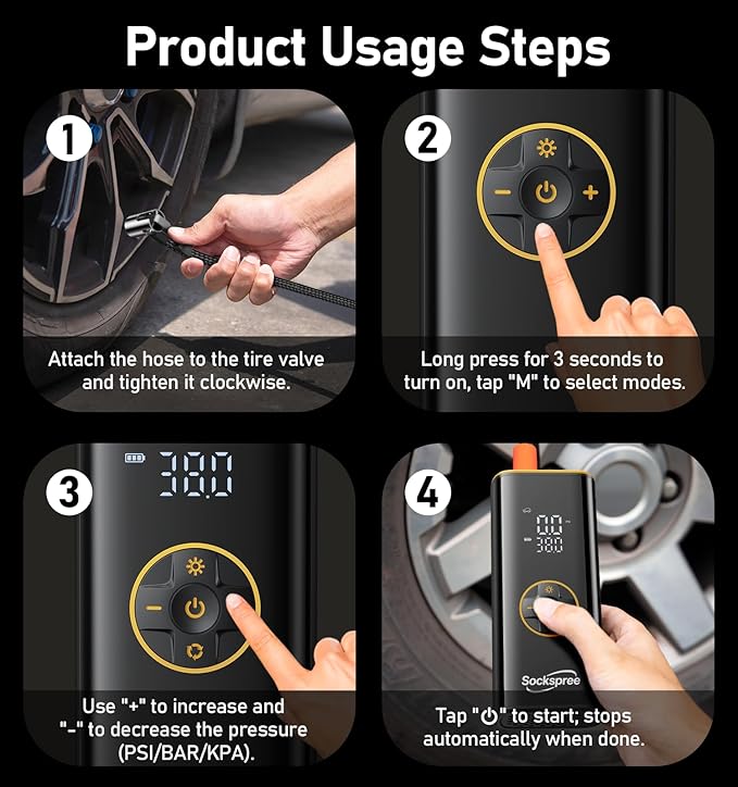 Tire Inflator Portable Air Compressor 5 in 1 Cordless Smart Pump with Tire Pressure Gauge 150PSI and LED Lights for Cars Bikes Motorcycle Balls Custom Mode Inflatables Yellow Light Black