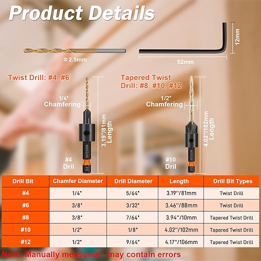 Countersink Drill Bit Set, Matework 11 PCS Counter Sink Drill Bit for Wood, Upgrade 4-Flute #4, #6, #8, #10, #12, Adjustable Depth M2 Cobalt HSS Wood Drill Bit Set with 1/4" Hex Shank and Storage Box