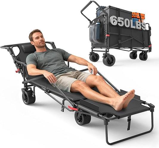 LEVELEVE Heavy Duty Folding Wagon - 2-in-1 Collapsible Cart, 650lb Capacity, All-Terrain Wheels w/Brakes & Side Pockets (Dark Gery)