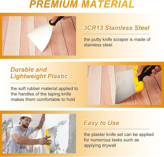Lasnten 9 Pcs Drywall Knife and Drywall Corner Tool Set Includes Paint Scraper Knives Inside Outside Stainless Steel Corner Trowel, 16" Mud Pan Mixer with Soft Grip Handle for Wallpaper