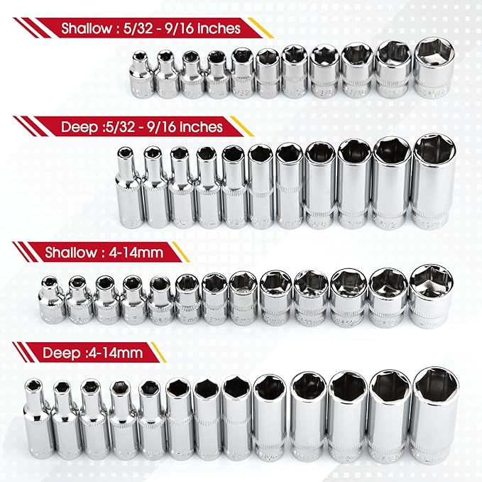 1/4" Drive Socket Set 74-Piece, 1/4??Drive Master Socket Set with Ratchets, 1/4" Drive Bits Set Extensions Bar, Universal Joint (5/32-Inch- 9/16-Inch, 4mm-14mm)