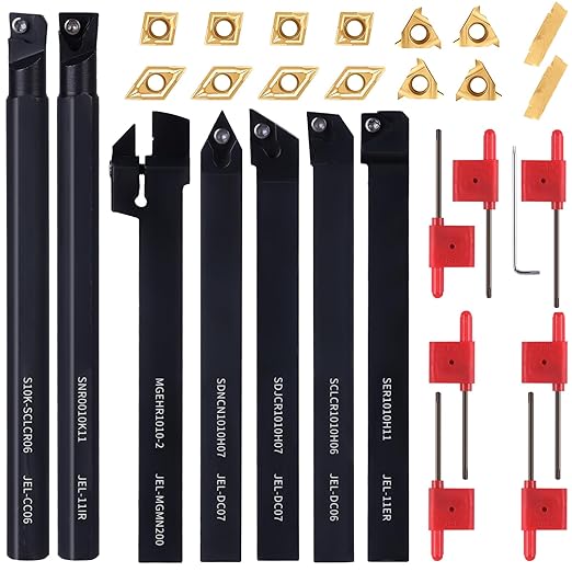 3/8" 10mm Indexable Lathe Turning Tool 21Pcs Kit- 7Pcs Metal Lathe Tools Holder Set with 14Pcs Carbide Insert Turning Inserts for Turning Grooving Boring Threading Cutting.Carbide Lathe Tools