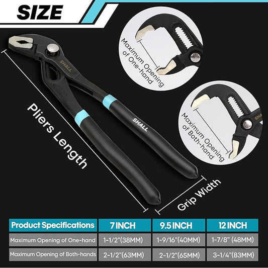 SHALL 3-Piece Groove Joint Pliers Set (12, 9-1/2, 7 Inch), Push-Lock Water Pump Pliers In Cr-v Steel, Fast Adjustable Tongue and Groove Pliers with Tool Roll Bag for Home Repair & Plumbing