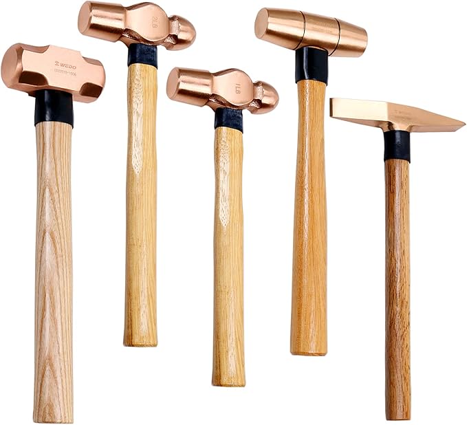WEDO Copper Hammer Set 5PCS Sledge Hammer (3lb) Drum Type Hammer (1-1/2lb) Ball Peen Hammer (1lb&2lb) Scaling Hammer (300g), Long Straight Wooden Handle, Copper Head