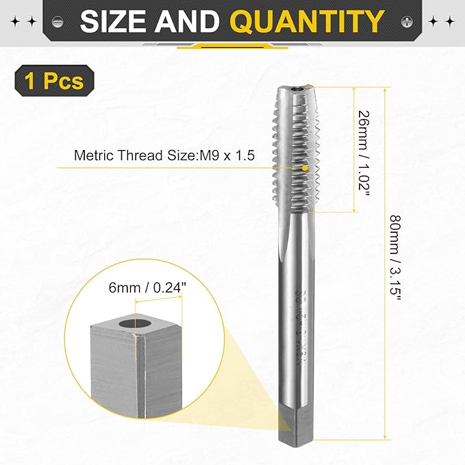 uxcell Hand Plug Tap M9 x 1.5 H2 Metric Thread Plug Style Taps Straight Flute Screw Tapping Threading Tool High Speed Steel HSS6542