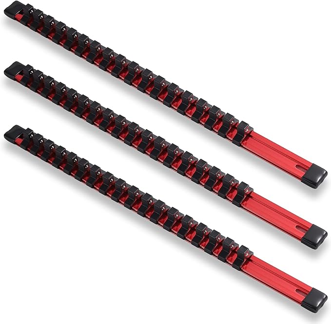 ALOANES 3-Piece 3/8-Inch Drive Aluminum Alloy Socket Organizer, Heavy Duty Socket Racks, Socket Holder Kit for Toolbox Drawer Fit 3/8-Inch x 54 Clips (Red)