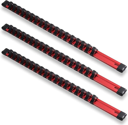 ALOANES 3-Piece 3/8-Inch Drive Aluminum Alloy Socket Organizer, Heavy Duty Socket Racks, Socket Holder Kit for Toolbox Drawer Fit 3/8-Inch x 54 Clips (Red)