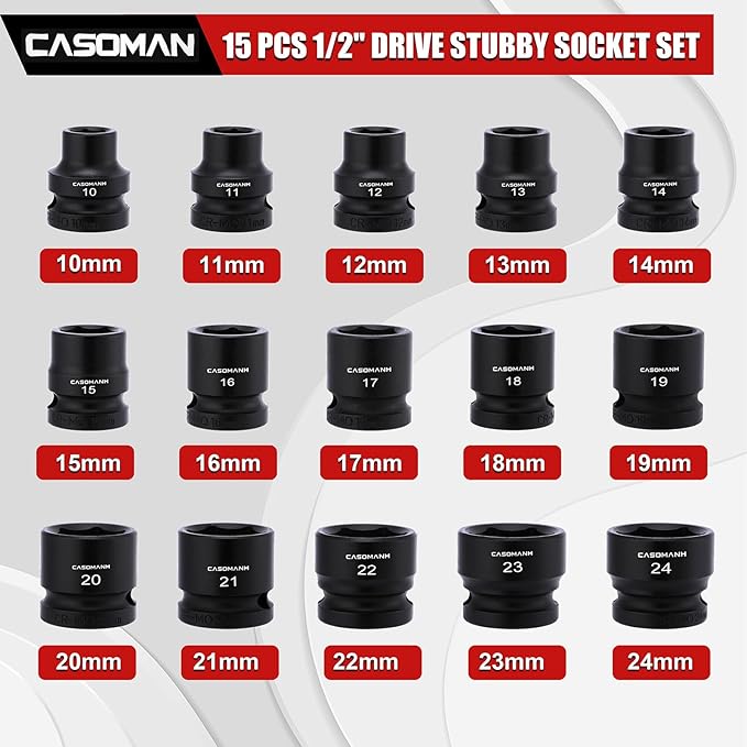 CASOMAN 15PCS 1/2" Drive Stubby Impact Socket Set, Low Profile, 8-24mm, Metric, CR-MO, 6-Point, 15 Pieces Shallow Socket Set for Automotive Maintenance, Repairs and DIY, for Tight Areas