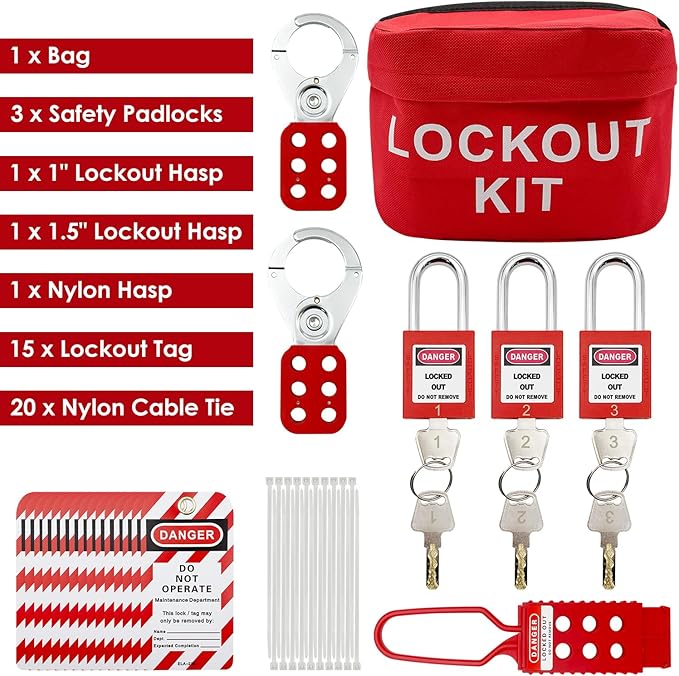JOJOMARK Lockout Tagout Kit Electrical Loto - Group Lockout Hasps, Lockout Tags, Safety Padlocks with Number, Nylon Ties with Pocket Bag (Red Bag kit)