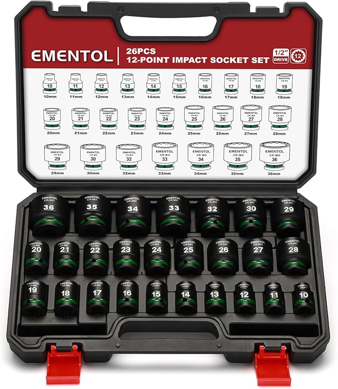 EMENTOL 1/2" Drive Impact Socket Set, Shallow Sockets, 26 Pieces, Metric (10-36mm), 12 Point, CR-MO, Stamped and Ink Filled
