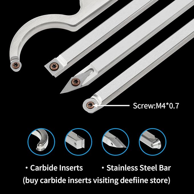 Carbide Tip Wood Lathe Turning Tool Kit, Lathe Roughing and Finishing Hollow Tool Interchangeable Aluminum Alloy Handle with Diamond Round Square Carbide Inserts (Metal handle)