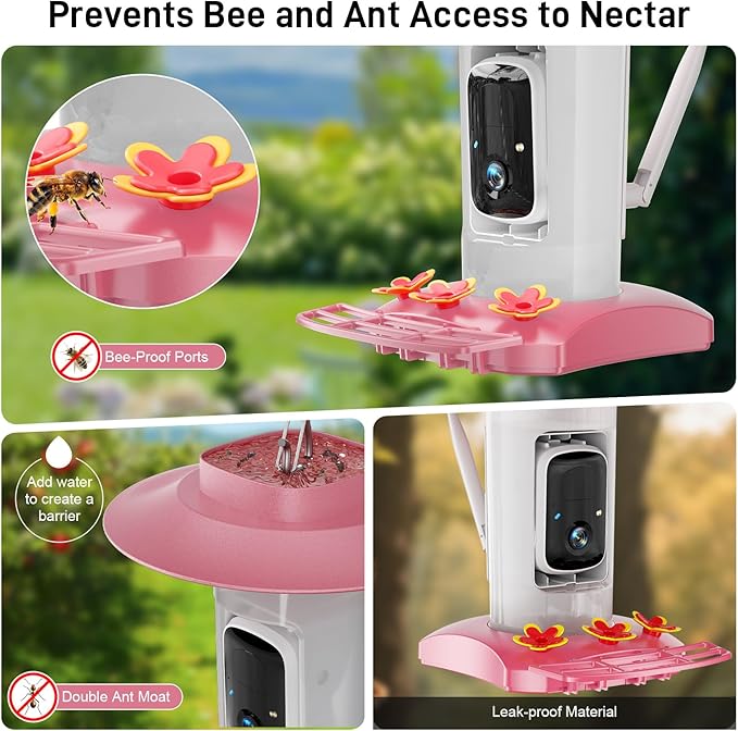 Hummingbird Feeder with Camera Outdoor, SV3C Hanging Bird Feeder with Ant Moat & Bee-Proof, HD 2K Solar Powered, AI Bird Identify, Instant App Alerts, Auto Capture, Hummingbird Lover Gifts, 21oz, Pink