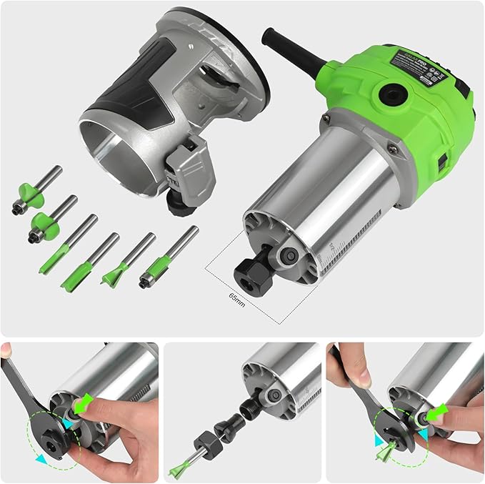 GALAX PRO 6.5 Amp Compact Wood Router with Fixed Base,1.25 HP Variable-Speed Trim Router 12000-30000RPM, Router Bits, Edge Guide, Roller Guide & Dust Hood