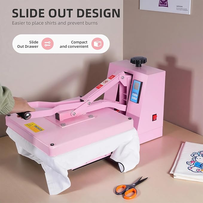 Heat Press 15x15 in, Manual Heat Press Machine for T Shirts, Swing Away T Shirt Pressing Machine for Garments Bag Textile Curtain Mousepad, with Slide-Out Base, Pink