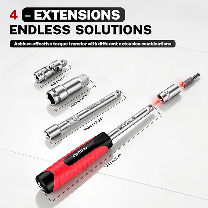BILITOOLS 29PCS 1/4" Pass Through Socket Set, 3-In-1 Conversion for Standard Ratchet, Pass-Through Ratchet & Mini Screwdriver, Pass Thru Go Through Mechanics Tools Set For Hex, Square, E-Torx, Spline