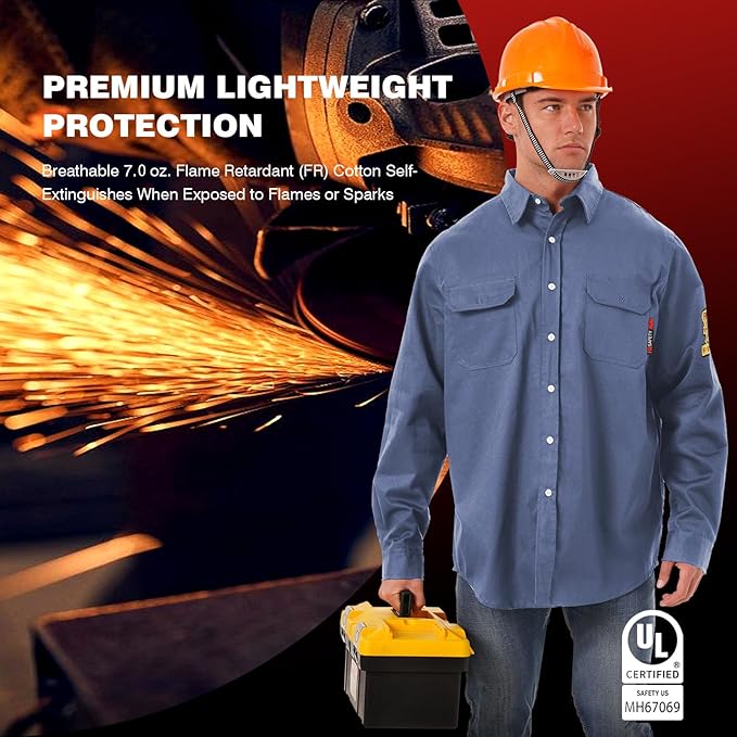 SKSAFETY 7oz FR Shirts for Men, Welding Shirt Hi Vis Flame Resistant 100% Cotton Fire Retardant Longsleeve Shirt CAT2