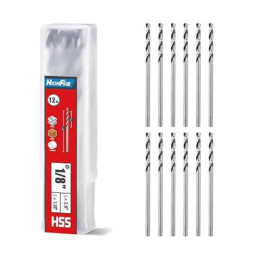 HIGHFIRE 1/8" Jobber Length Drill Bits, Pack of 12 pcs, High Speed Steel Twist Drill Bit with Storage Case, 135 Degree Tip for Wood, Metal, Steel, Plastic, Aluminum Alloy