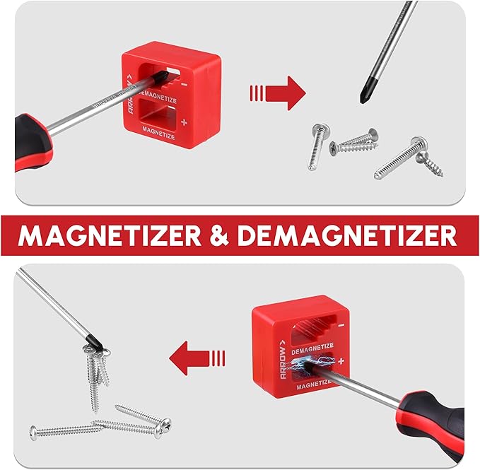 ARROW 6-Piece Magnetic Screwdriver and Magnetizer/Demagnetizer Set, Premium Cr-V Steel Screwdriver Set with Non-Slip Grip, Magnetic Phillips and Flathead Tips, for Home Improvement