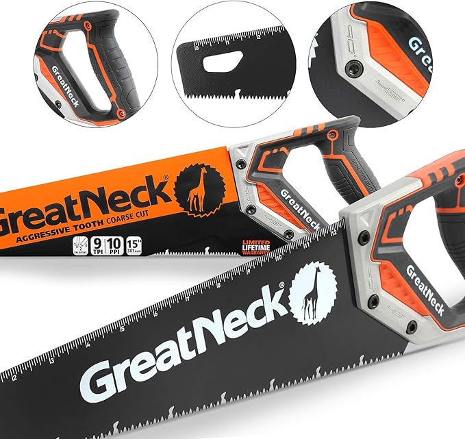 GreatNeck 74003 15" Hand Saw, SK-5 Steel Blade, Tri-Bevel Teeth, Comfort Grip, Aluminum Frame – Wood Cutting Tool for Precise, Fast Cuts