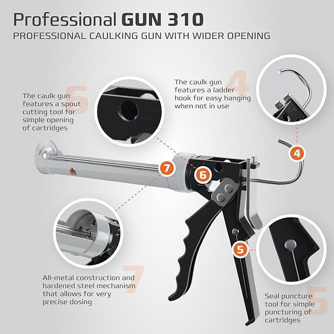 DCP Professional Gun 310 Caulking Gun with Wider Opening 10 oz. - Manual Caulking Tool Gun Suitable for Silicone, Polyurethane & Acrylic Caulk - 12:1 Thrust Ratio Hand Caulk Gun with Wider Opening