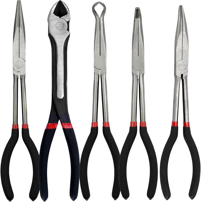 5-Piece 11" Extra Long Needle Nose Pliers Set with Insulated Comfort Grip, Straight Long Reach Plier, 45/90째Bent Nose Pliers,O-shaped nose plier,Diagonal Plier for Bending Shaping Trimming