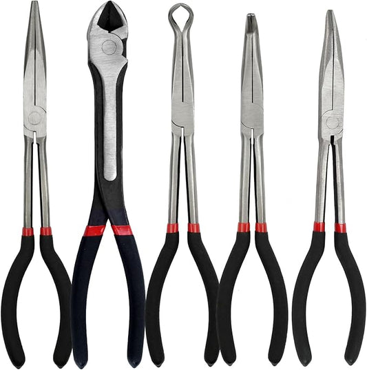 5-Piece 11" Extra Long Needle Nose Pliers Set with Insulated Comfort Grip, Straight Long Reach Plier, 45/90째Bent Nose Pliers,O-shaped nose plier,Diagonal Plier for Bending Shaping Trimming