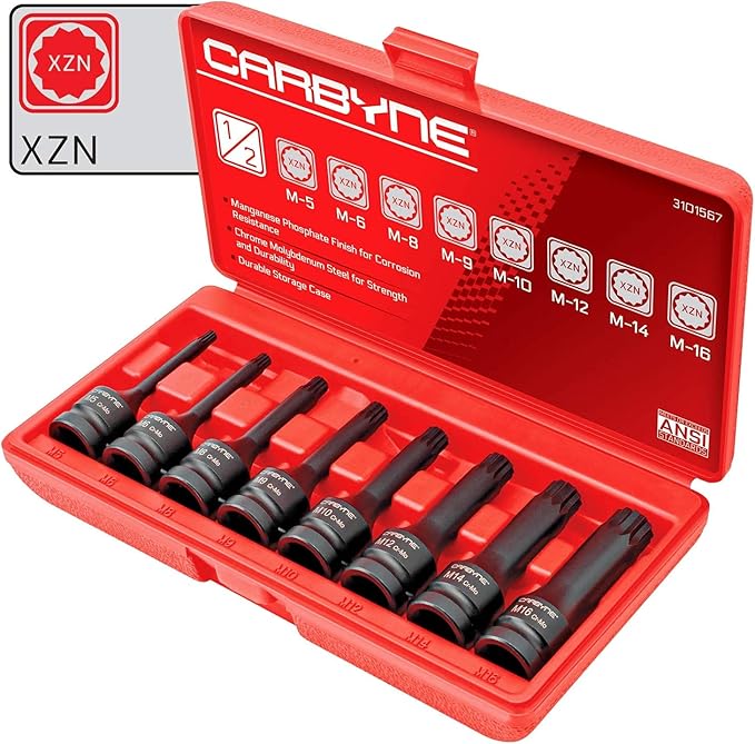 CARBYNE 8-Piece XZN Triple Square Spline Drive Impact Bit Socket Set, 12 Point, Chrome Molybdenum (Cr-Mo) Steel | Metric M5 to M16 | 1/2 inch Drive