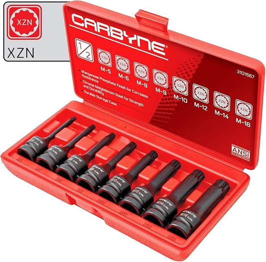 CARBYNE 8-Piece XZN Triple Square Spline Drive Impact Bit Socket Set, 12 Point, Chrome Molybdenum (Cr-Mo) Steel | Metric M5 to M16 | 1/2 inch Drive